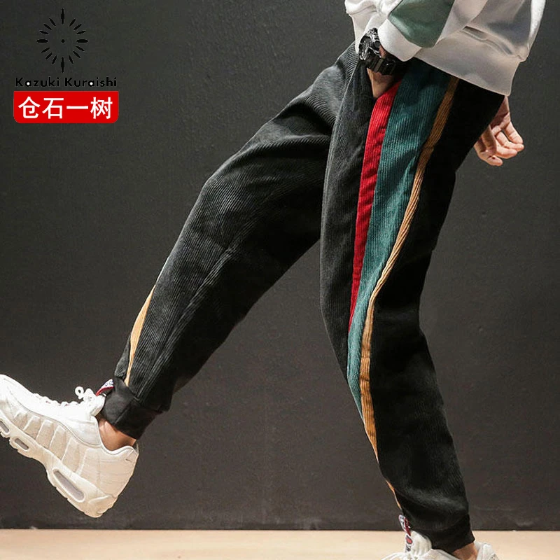 仓石一树灯芯绒束脚工装裤男秋冬季潮流宽松直筒时尚百搭休闲裤子