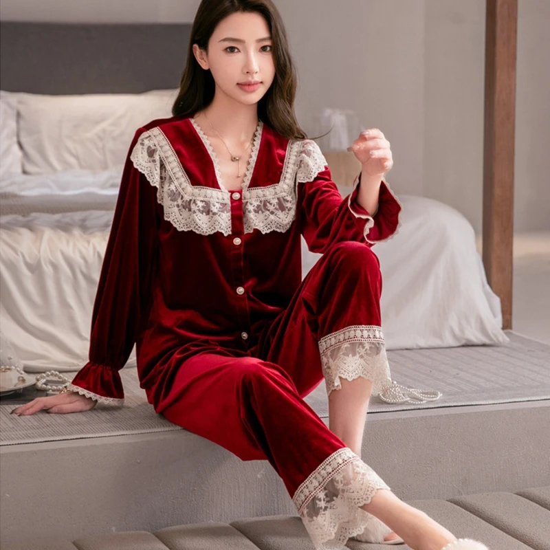 公主风金丝绒睡衣女秋冬加厚保暖可外穿韩版长袖套装宫廷风家居服