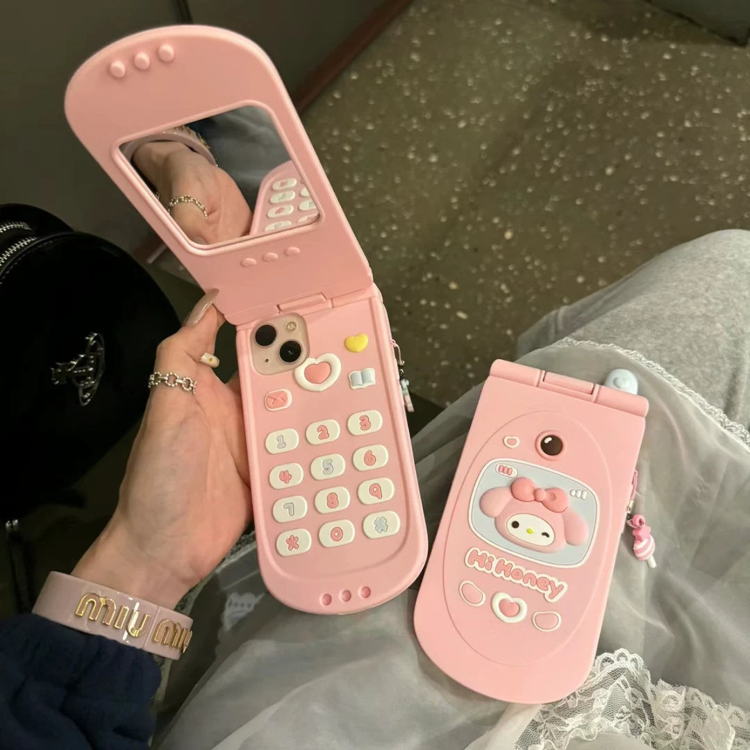 立体翻盖小灵通镜子凯蒂猫美乐蒂适用iPhone15pro手机壳14闺蜜13