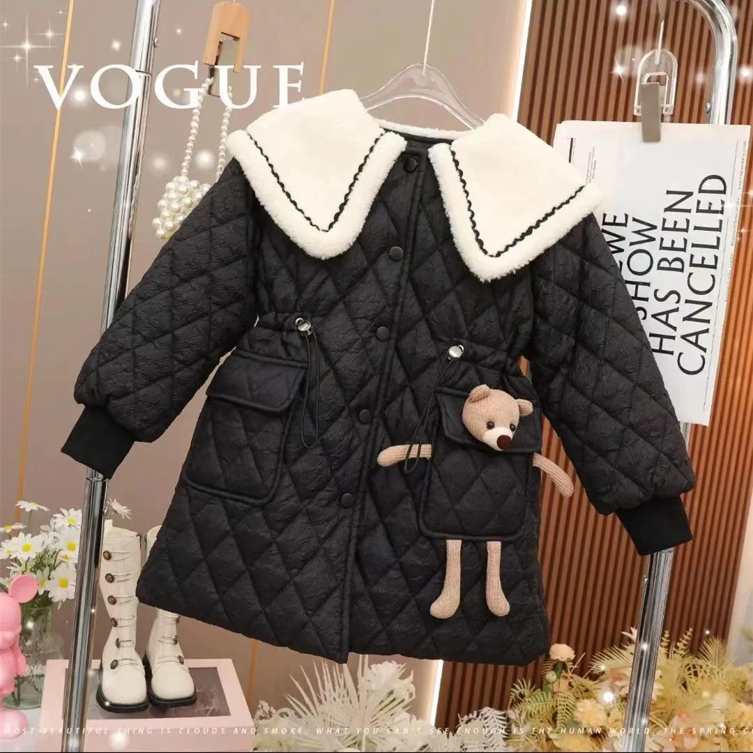 女童冬装棉服新款小熊童装时髦洋气夹棉棉袄冬季保暖娃娃领棉衣潮