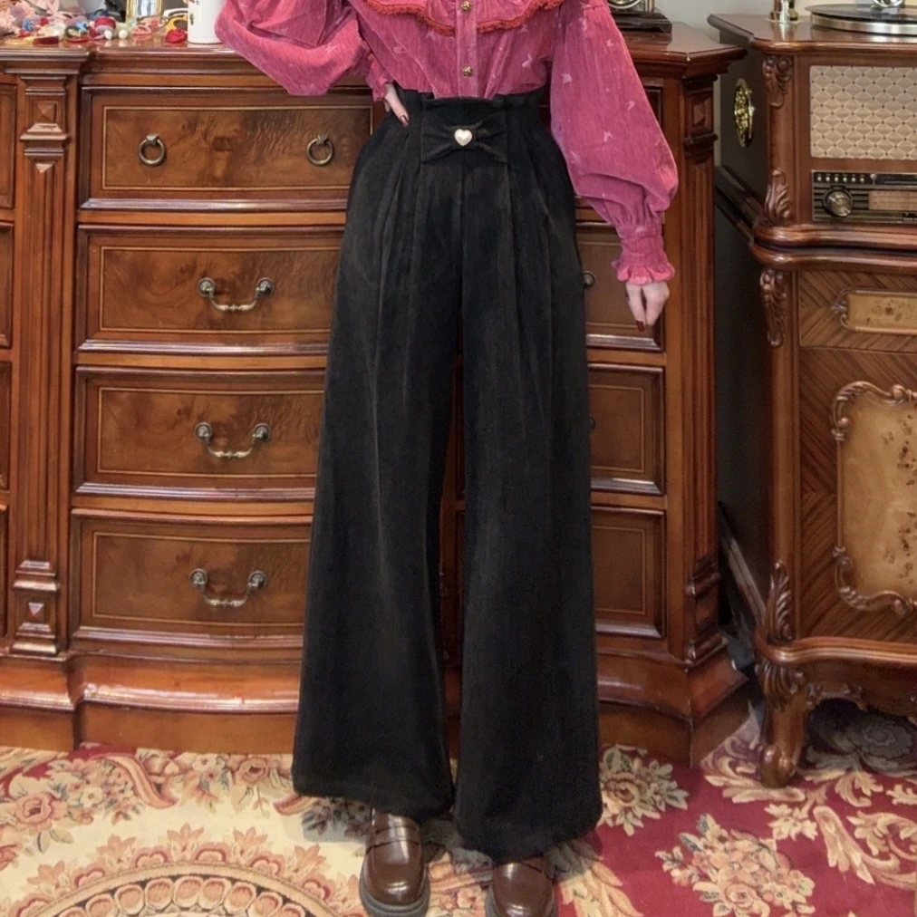 【一生罗曼】复古加厚收腰显瘦蝴蝶结阔腿长裤K502