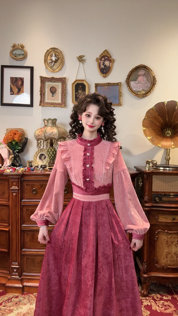 现货一生罗曼【一眼心动】秋冬加绒加厚温柔复古撞色连衣裙Y4291