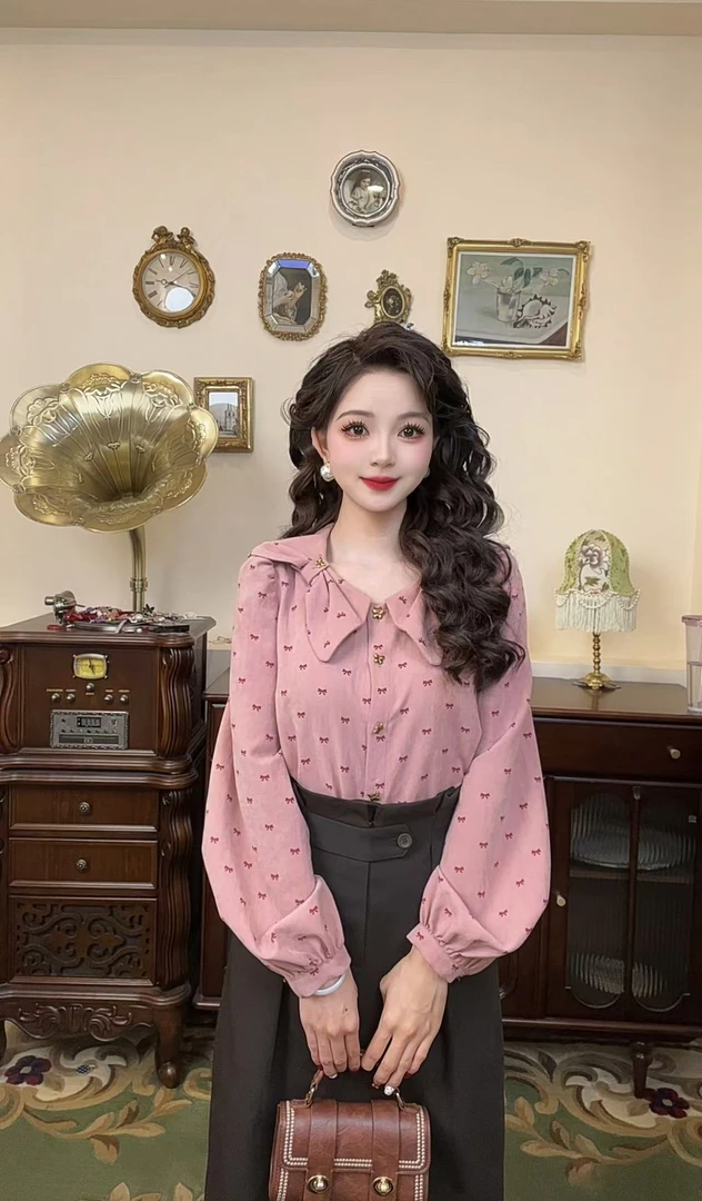 现货【思思港风】别致设计感蝴蝶结印花甜美衬衫Y3999