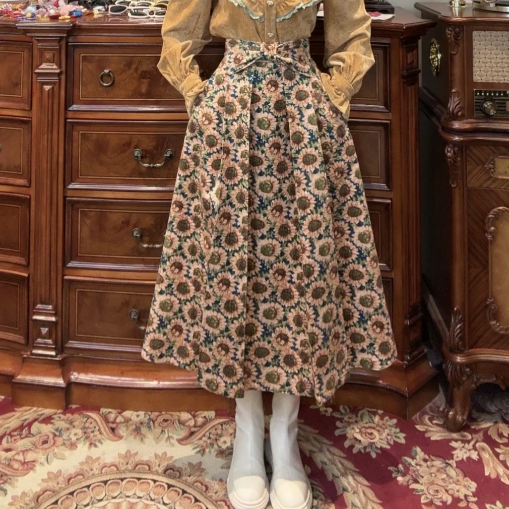 (现货)【一生罗曼】复古向日葵提花显瘦蝴蝶结半身裙B960