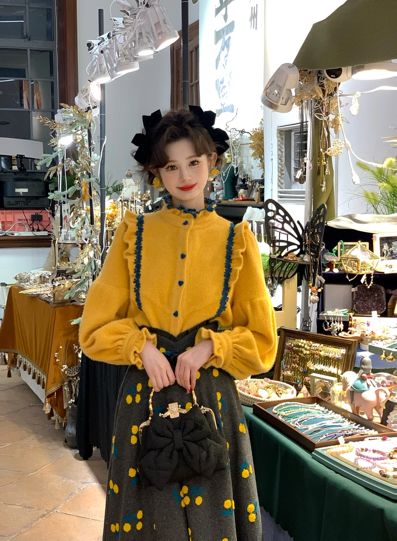 （现货）一生罗曼【柠檬树】法式复古加厚撞色花边气质衬衫Y4496