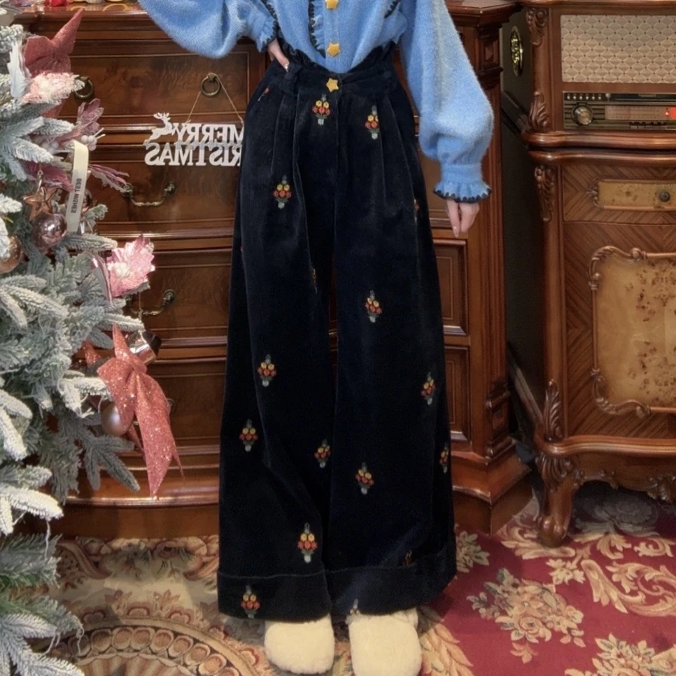 现货【一生罗曼】复古港风别致刺绣收腰显瘦阔腿长裤K518