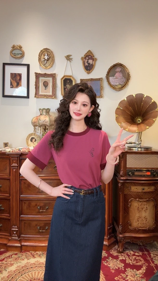 （现货）一生罗曼【莓有烦恼】气质百搭时尚撞色宽松圆领短袖T恤Y3066