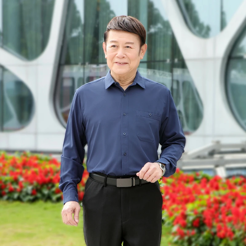 衬衫长袖套装男士休闲宽松薄款中老年大码夏季秋季翻领爷爷衬衣