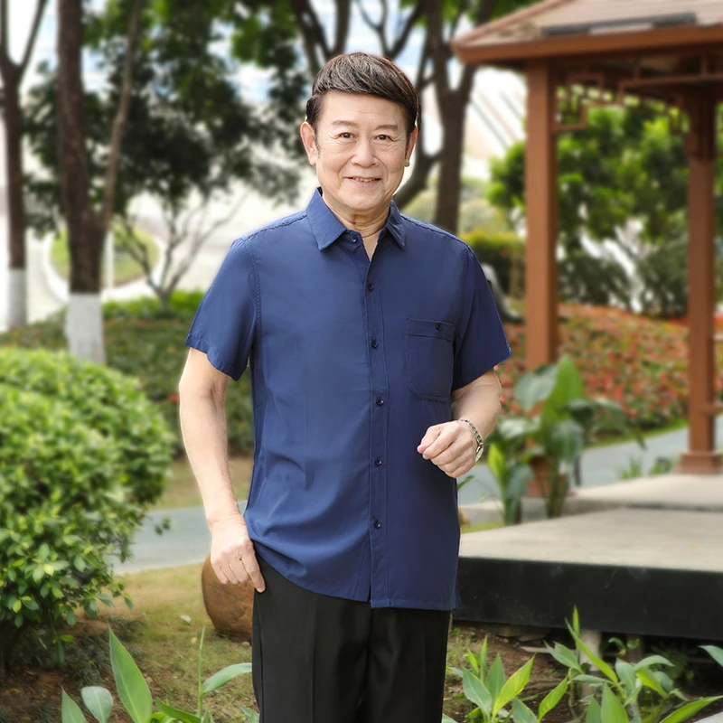 百力尼中老年短袖衬衫男爸爸夏装宽松纯色商务休闲新款衬衣夏装男