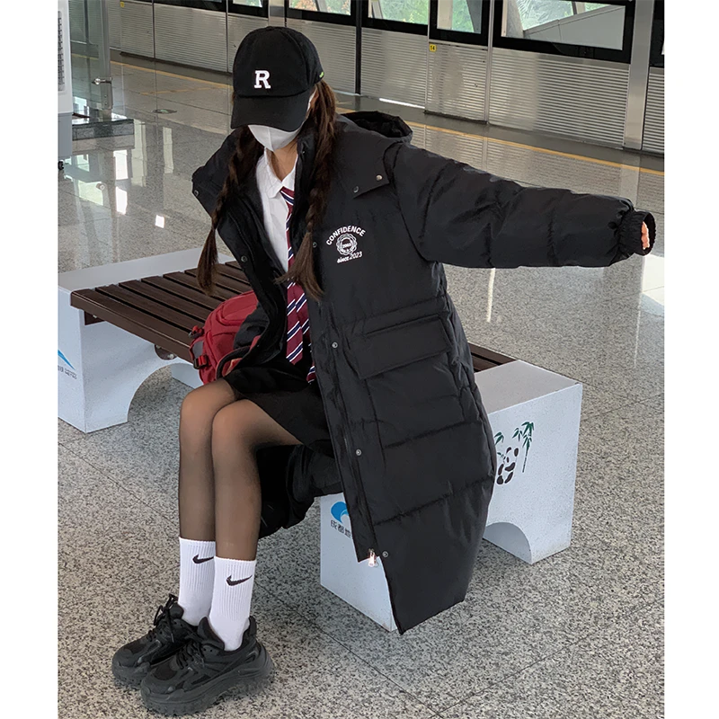 新款韩剧女学生黑色棉服连帽过膝中长款棉衣外套