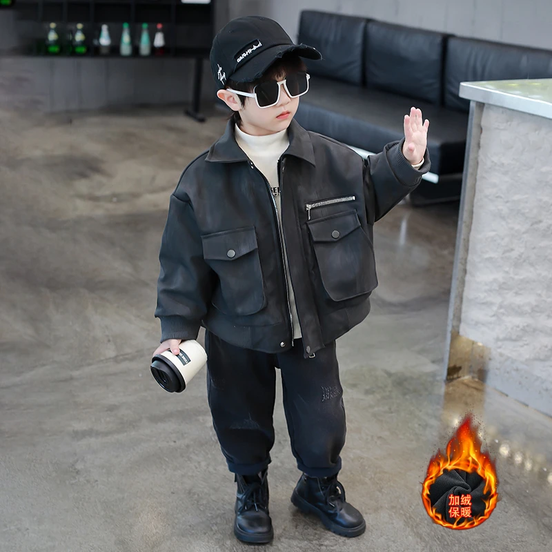 童装男童秋冬加绒皮衣外套2025新款酷帅男孩冬季加厚皮夹克上衣潮