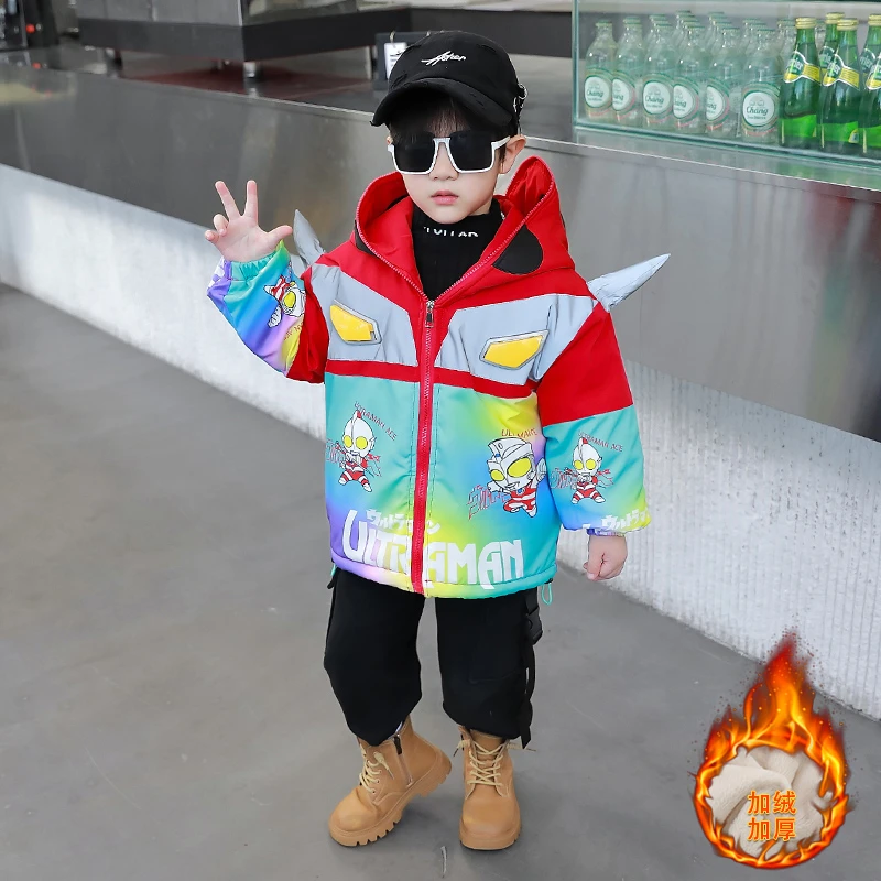 奥特曼衣服男童加绒外套冬装2024新款儿童帅气冲锋衣加厚棉衣棉袄