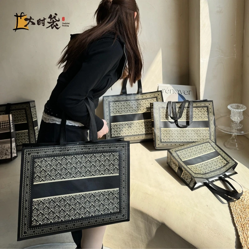 黑色复古花无纺布服装店手提袋女装购物袋环保袋打包袋子定制批发