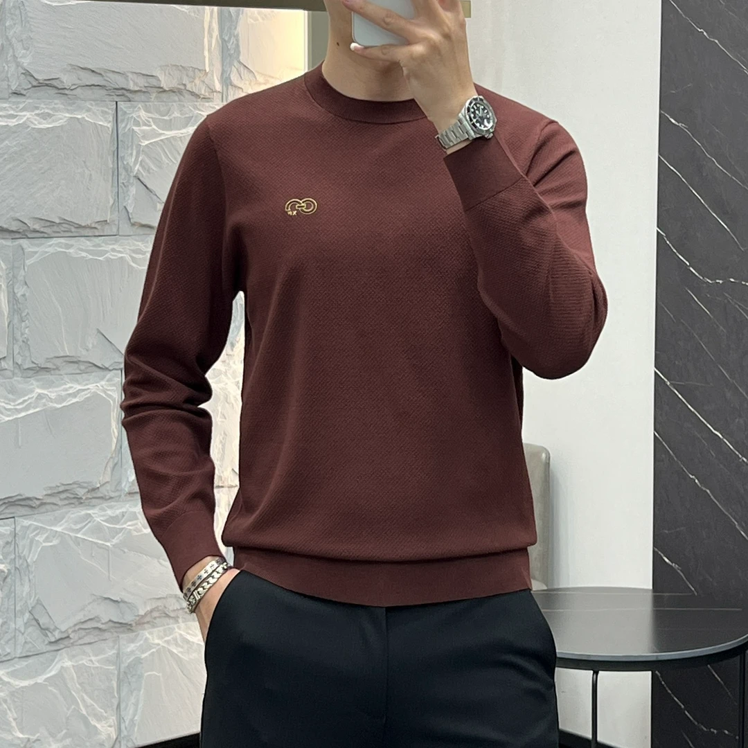 秋冬新款男士轻奢长袖针织衫休闲简约圆领纯色加厚保暖打底毛衫