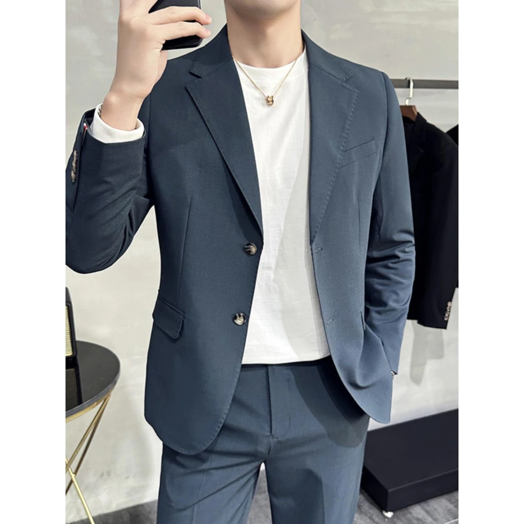 夏季西装男薄款新款英伦新款雾蓝高级感商务休闲西服套装男双开叉