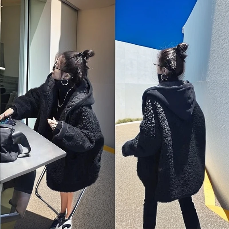 2025年冬季新款高级感休闲加厚夹棉宽松毛毛连帽中长款慵懒风外套