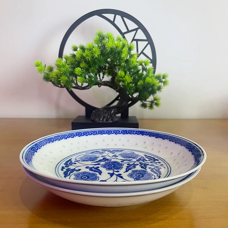 正宗景德镇青花玲珑7英寸陶瓷汤盘2块装釉下彩