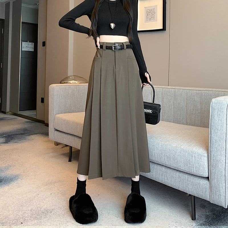 纯色中长款半身裙女高腰显瘦百褶裙口袋设计感伞裙压折开叉长裙子