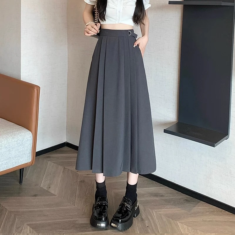 高腰遮跨半身裙女宽松显瘦垂感西装百褶裙秋季厚款中长款灰色裙子