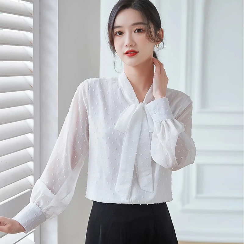 实拍网纱灯笼袖2025夏季韩版复古洋气蝴蝶结系带波点衬衣上衣