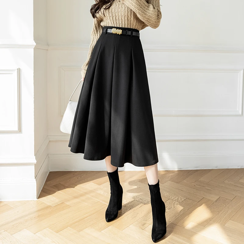 2024春新款腰带百褶半身裙高腰伞裙遮胯显瘦中长款毛呢子a字裙女