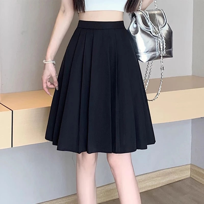 白色百褶半身中裙女士夏季新款高腰a字伞裙小个子显瘦休闲半裙子