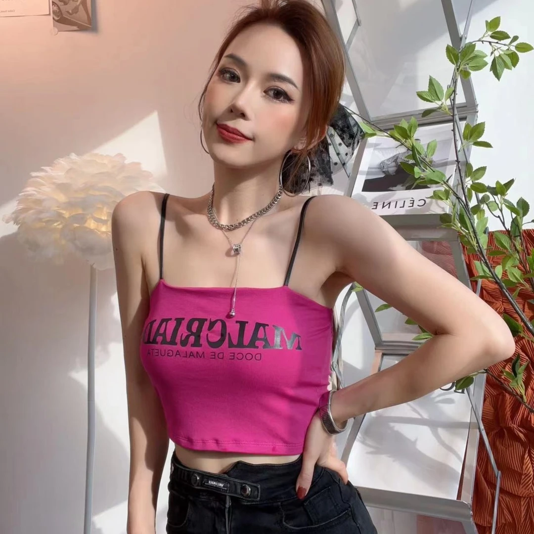 #218美式风带胸垫打底吊带背心女外穿修身字母印花上衣女生