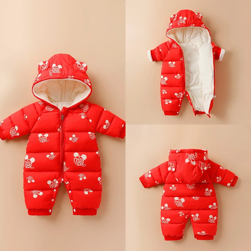 婴儿棉服连体衣冬装棉衣宝宝衣服保暖秋冬加绒加厚外出服抱衣红色