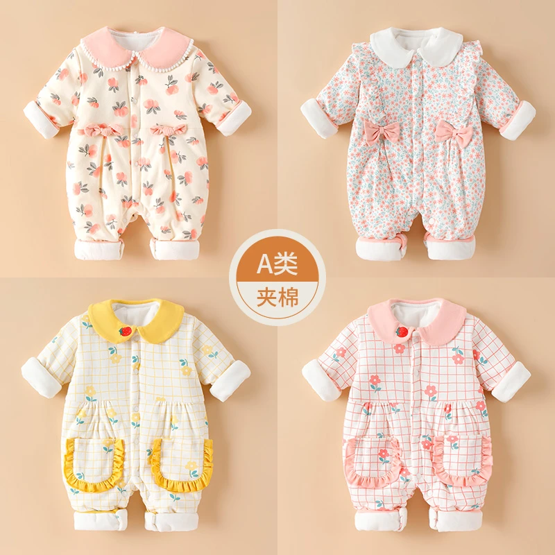 女宝宝衣服春夏新生婴儿儿夹棉连体衣春季棉服棉袄外穿超洋气套装