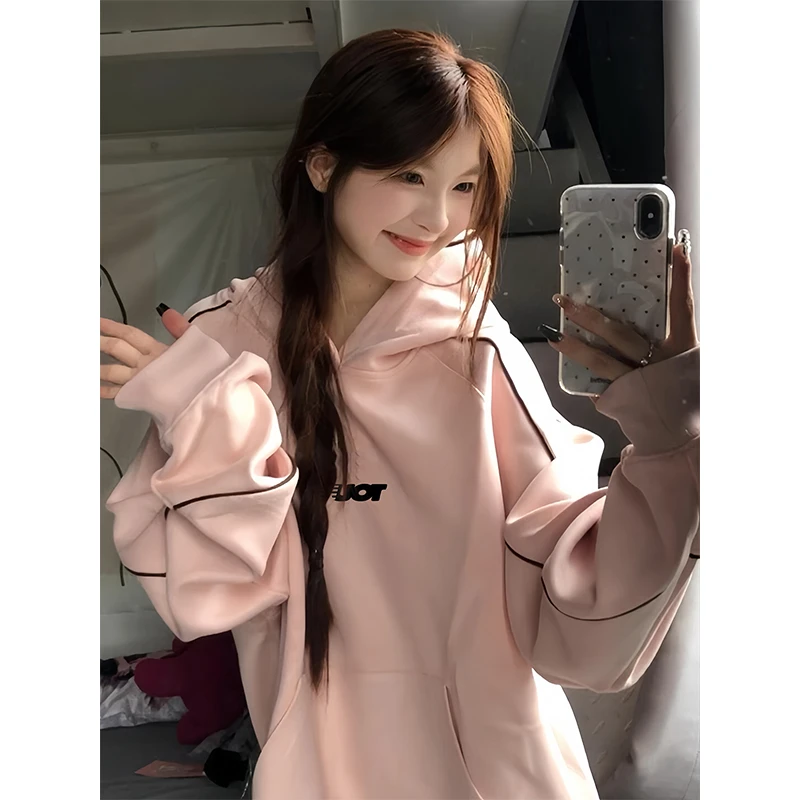 秋冬长袖宽松连帽衫加绒加厚卫衣女学生潮流时尚印花小众外套