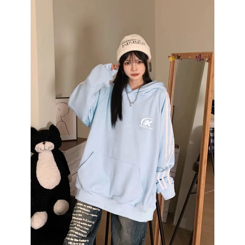 秋冬时尚印花三条杠连帽衫卫衣女学院风宽松加绒加厚长袖外套