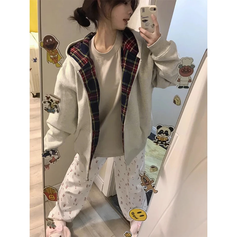 学院风秋冬拉链连帽卫衣女宽松加绒纯色格子长袖休闲百搭上衣