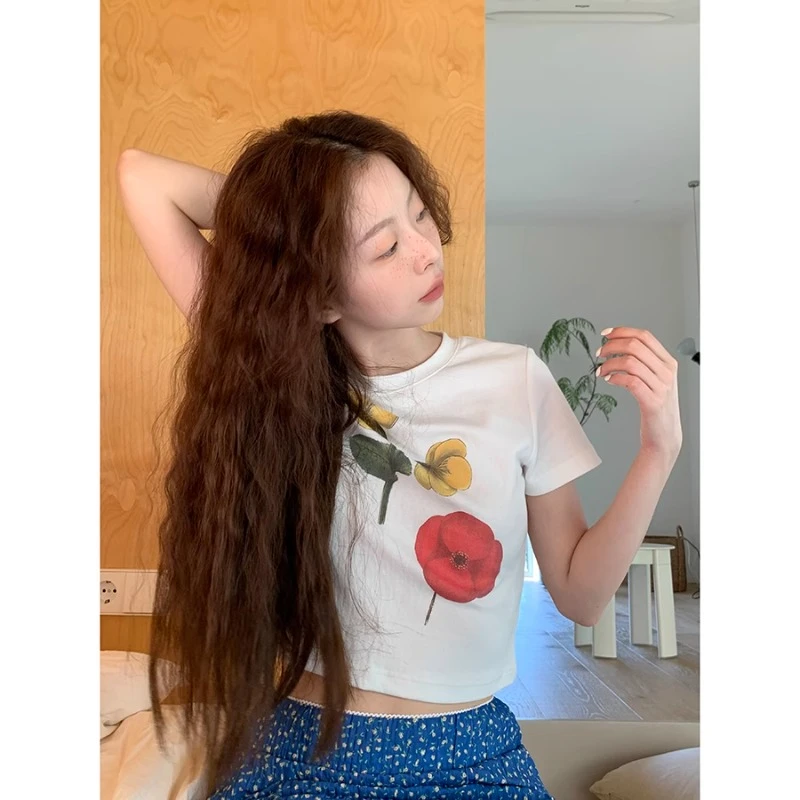 重磅精梳棉夏季短款白色短袖t恤女花蕾印花修身圆领辣妹上衣时尚