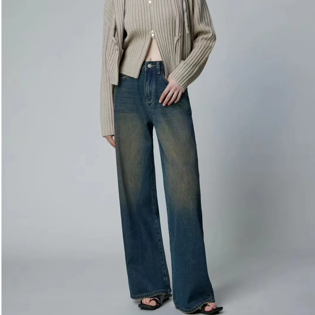 萍姐家2024新款女复古做旧显瘦宽松垂感阔腿牛仔裤CY3098