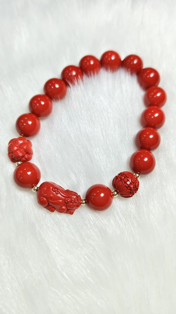 天然辰砂原矿朱砂貔恘手串1.0正圆