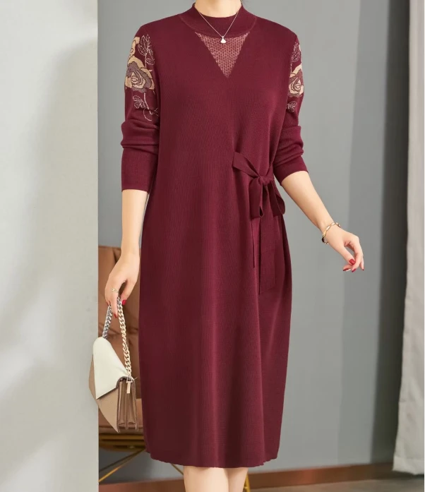 秋冬妈妈婚宴礼服喜婆婆婚宴装2023新款红色连衣裙高端奢华羊毛裙