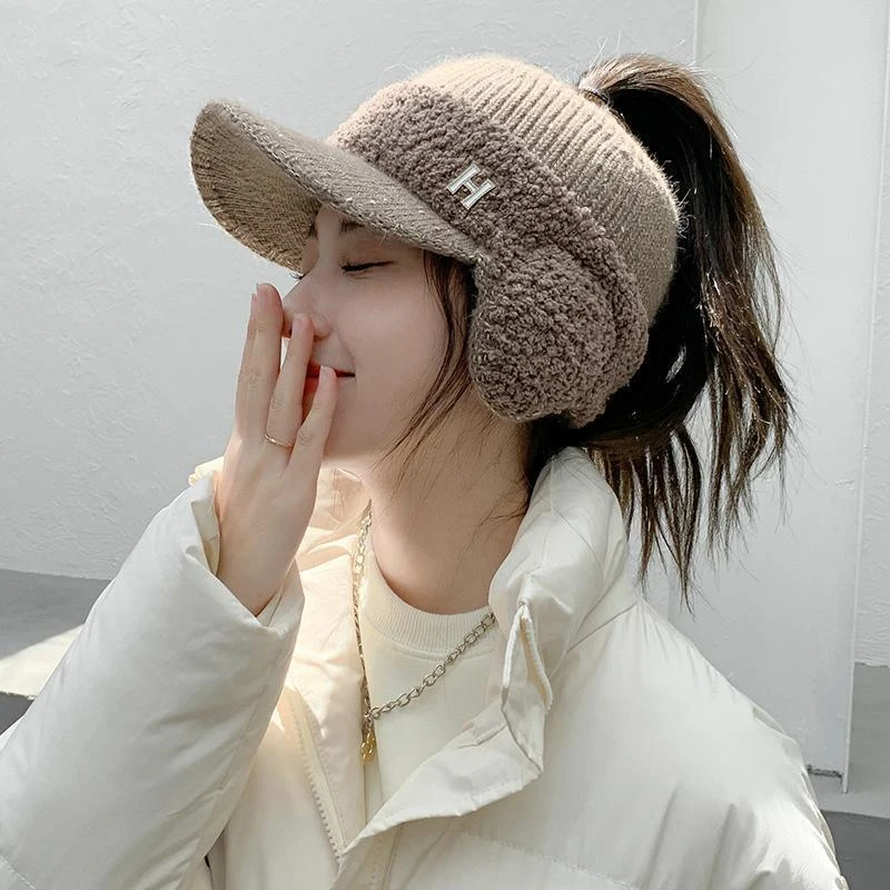 帽子女秋冬季韩版时尚毛线帽加厚保暖户外骑车护耳女士针织棒球帽