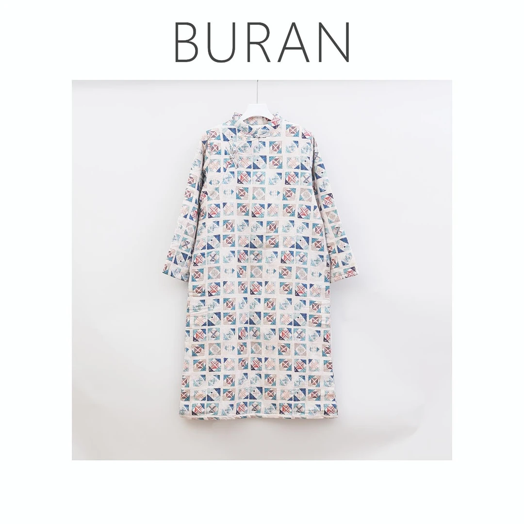 BRCP/布然初品9716女式长棉袍袄夹棉数码印花长款复古禅茶服汉服