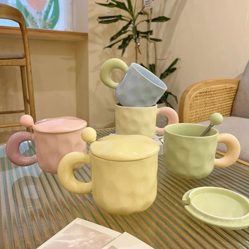 马克杯带盖勺子款马卡龙撞色情侣手捏纹陶瓷杯咖啡杯简约创意家用