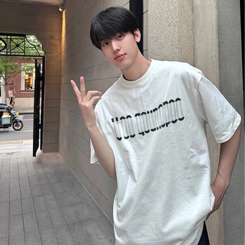 美式黑色纯棉短袖t恤男款夏季潮牌字母印花重磅大码宽松体恤百搭