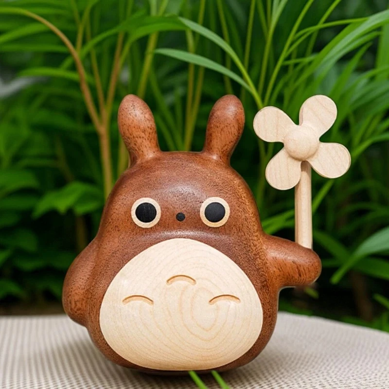 龙猫木质摆件实木卡通周边风车桌面可爱治愈木雕木制女生生日礼物