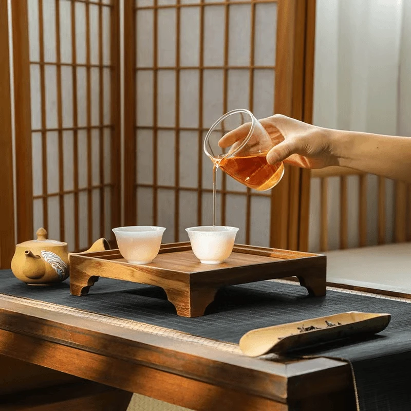 胡桃木新中式高脚茶托盘轻奢家用简约木制干泡盘泡台茶杯架日式