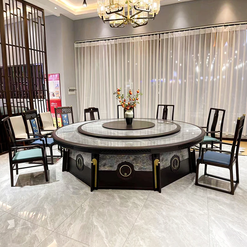酒店大理石带转盘岩板电动大圆桌 新中式餐厅饭店包厢餐桌椅组合