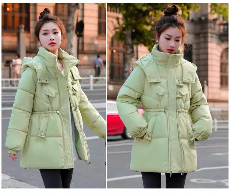 冬季新款小设计感牛角扣90白鸭绒抽绳连帽中长款收腰棉服 G-69760