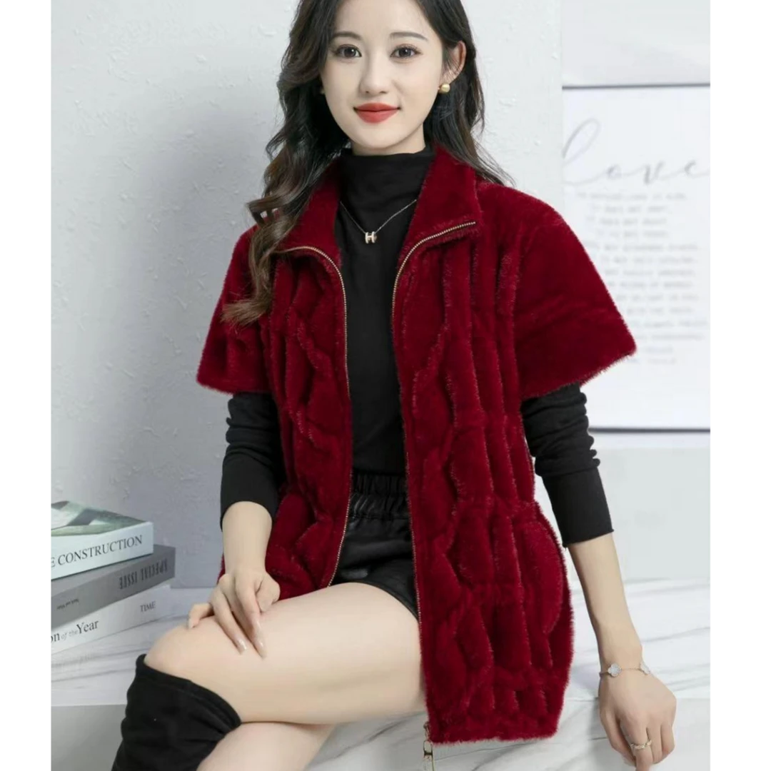 仿水貂绒拉链马甲女装秋冬新款韩版时尚加绒加厚短袖马夹坎肩开衫