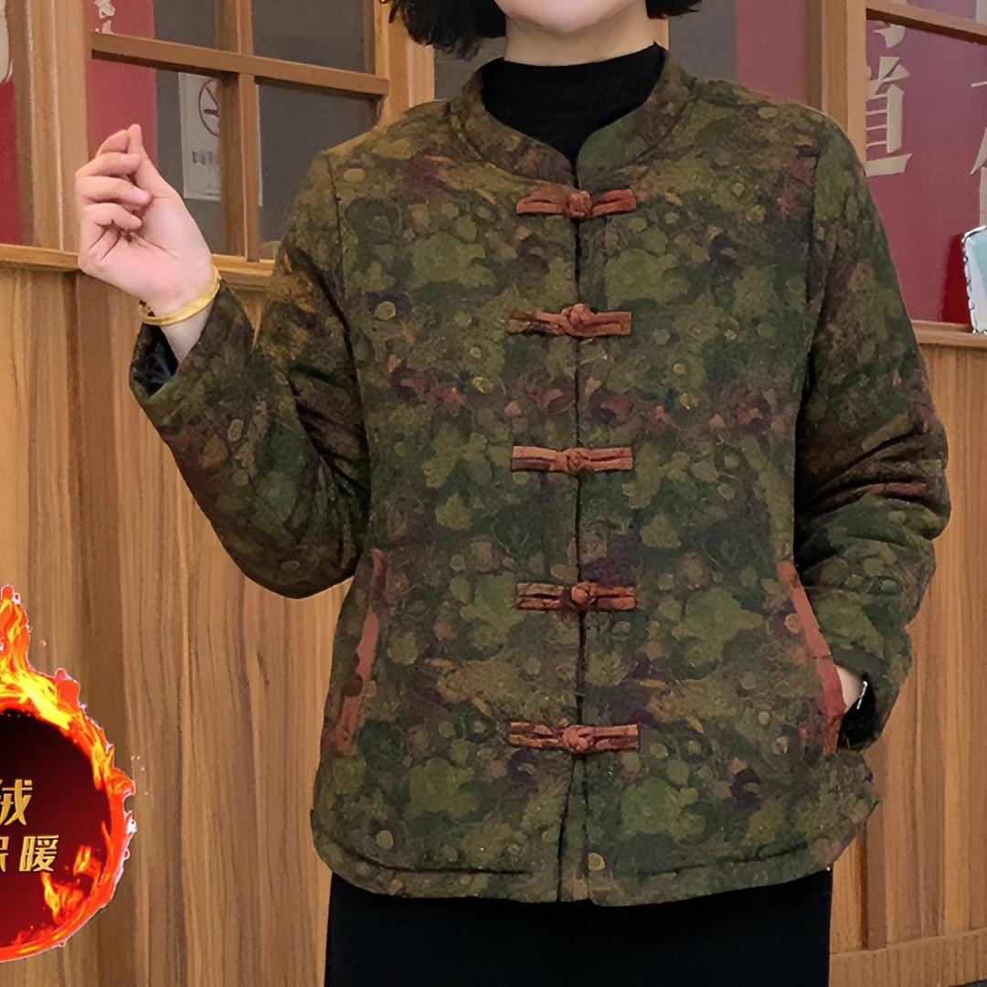 秋冬中老年妈妈装加绒加厚保暖上衣民族风复古碎花洋气开衫外套