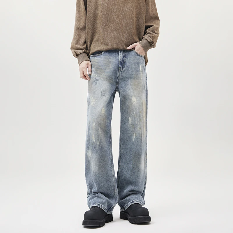 美式做旧泼墨废土风牛仔裤男新款复古小众设计感休闲直筒裤子