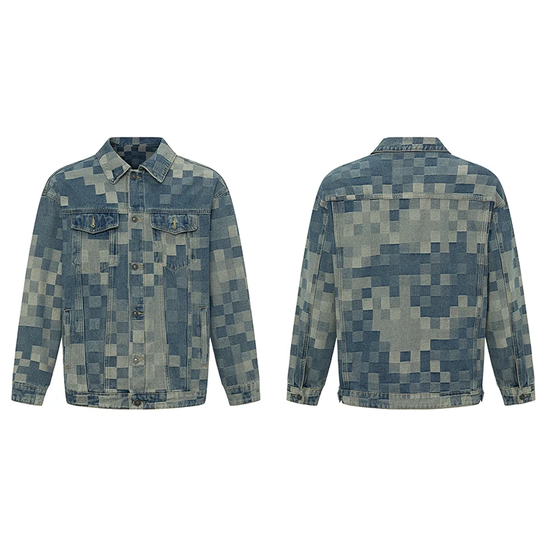 格子迷彩提花牛仔夹克洗水做旧宽松翻领外套撞钉潮牌马赛克外套