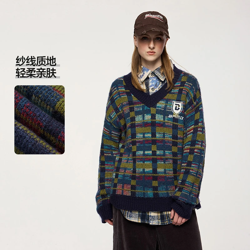美式学院风彩格V领毛衣秋冬新款复古撞色宽松休闲情侣针织衫