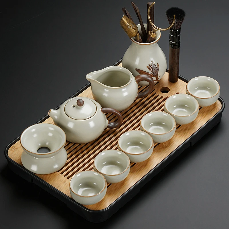 汝窑茶具茶盘套装家用轻奢高档开片功夫喝茶中式陶瓷茶壶茶杯套餐